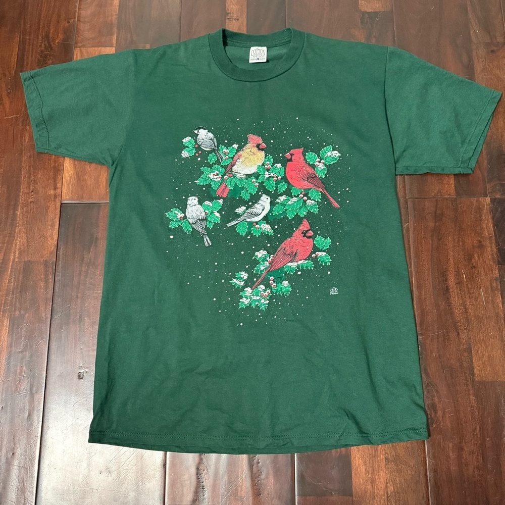 Vintage Cotton Grove Winter Holly Birds Green Shirt Size Large 1994